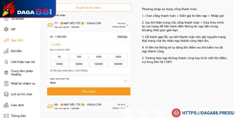 Tổng hợp các phương thức nạp tại DAGA88